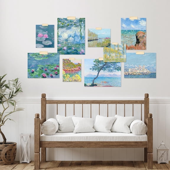 PixonSign Adhesive Canvas Print Wall Art Set - Monet Watercolor Water Lilies Poster Arts - Gallery Set of 9 Geometric Abstract Artistic Art Paintings Wall Décor for Home Decor - Unframed