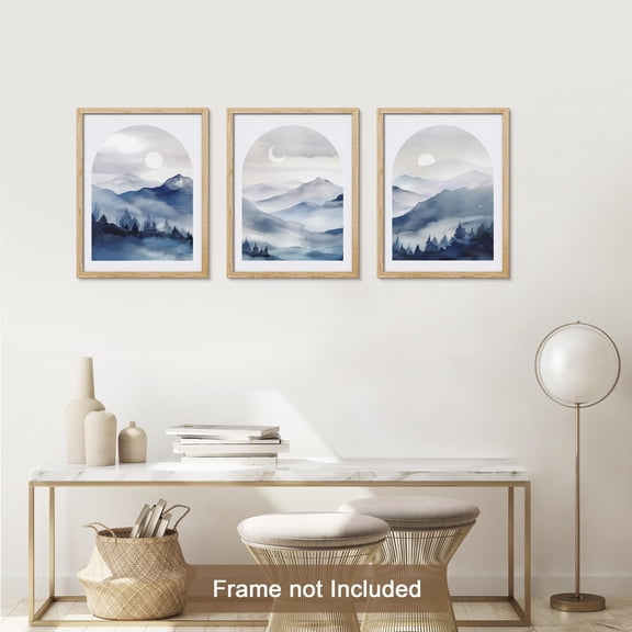 PixonSign Adhesive Canvas Print Wall Art Set - Moonlit Peaks Blue Tones Mountain Range Posters - Set of 3 Boho Pastel Nature Wilderness Wall Décor for Living Room, Bedroom, Office - 8"x10"