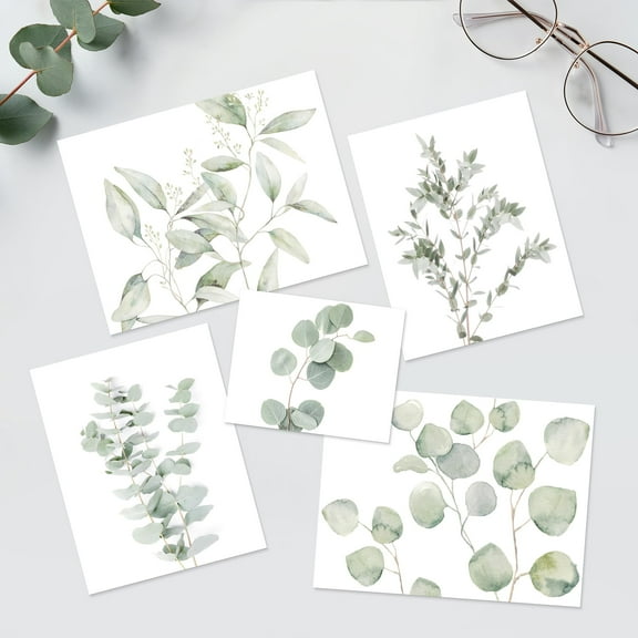 PixonSign Adhesive Canvas Print Wall Art Set - Nature Green Forest Plant Poster Art - Collage Print Gallery Set of 5 Variety Botanical Floral Illustrations Minimal Wall Décor for Home - Unframed
