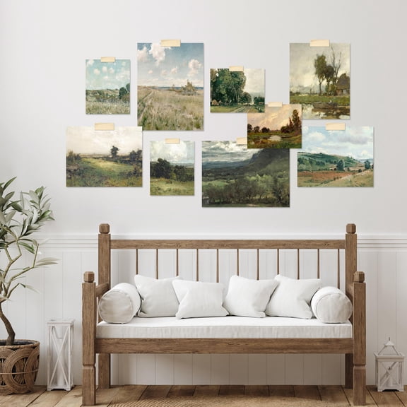 PixonSign Adhesive Canvas Print Wall Art Set - Nature Wilderness Landscapes Poster Modern Art - Countryside Scenery Print Gallery Set of 9 Abstract Illustrations Wall Décor for Home - Unframed