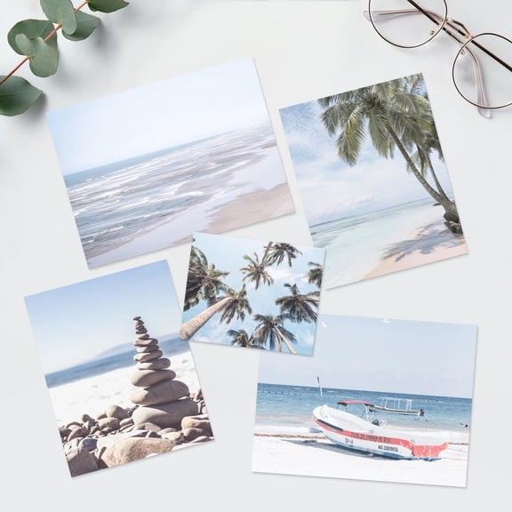 PixonSign Adhesive Canvas Print Wall Art Set - Palm Tree Beach View Posters - Gallery Set of 5 Sailboat Ocean Wave Travel Photography Modern Art Nature Wilderness Wall Décor for Home - Unframed