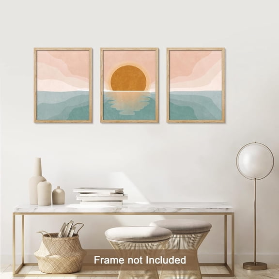 PixonSign Adhesive Canvas Print Wall Art Set - Pastel Ocean Sunshine Sunset Horizon Art - Set of 3 Nature Wilderness Landscape Wall Décor for Living Room, Bedroom - 12"x16"x3 Panels Unframed
