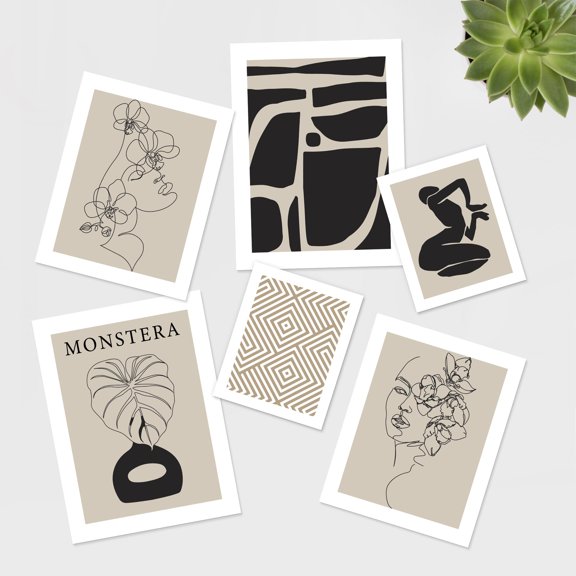 PixonSign Adhesive Canvas Print Wall Art Set - Polygon, Flower Woman, Monstera Black & Tan Poster Art - Collage Print Gallery Set of 6 Abstract Illustrations Wall Décor for Home - Unframed