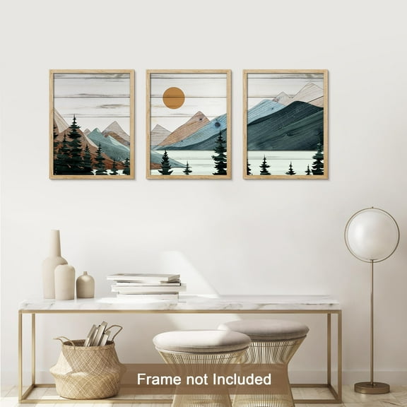 PixonSign Adhesive Canvas Print Wall Art Set - Rustic Wooden Mountain Landscape with Pine Trees Posters - Set of 3 Nature Wilderness Colorful Farmhouse Wall Décor for Living Room - 12"x16"