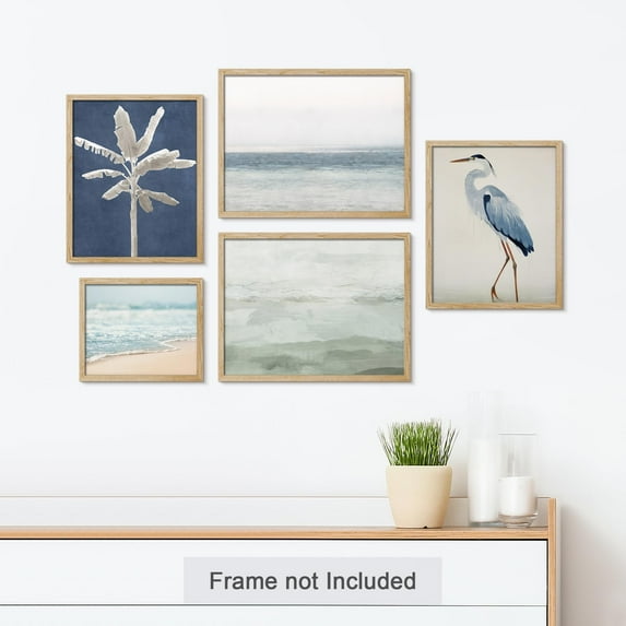 PixonSign Adhesive Canvas Print Wall Art Set - Sea Ocean & Bird & Plant Landscape Poster Art - Collage Print Gallery Set of 5 Nature Wilderness Modern Digital Art Wall Décor for Home - Unframed