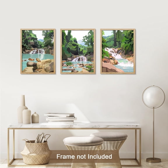 PixonSign Adhesive Canvas Print Wall Art Set - Summer Forest River Rapid Landscape Posters - Set of 3 Wilderness Nature Pop Art Prints Pastel Wall Décor for Living Room - 8"x10"