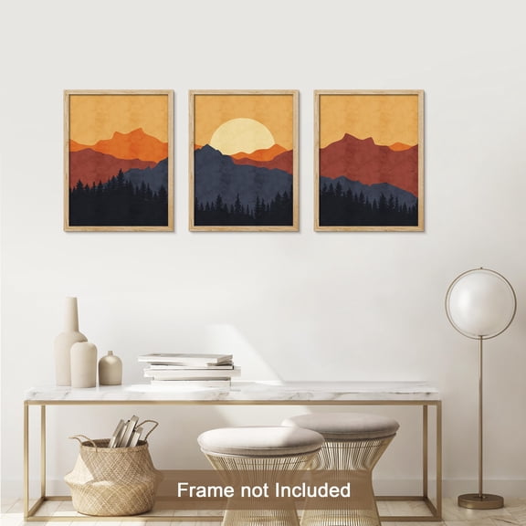 PixonSign Adhesive Canvas Print Wall Art Set - Sunset Silhouettes Mountain and Forest Posters - Set of 3 Geometric Abstract Nature Landscape Prints Retro Wall Décor for Living Room - 8"x10"