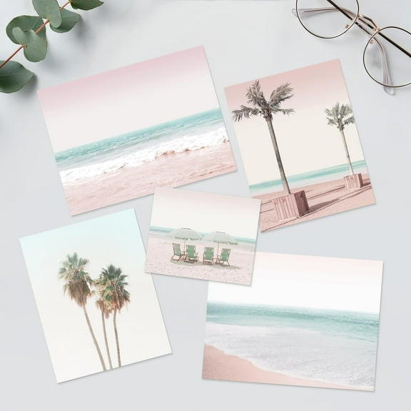 PixonSign Adhesive Canvas Print Wall Art Set - Tropical Coconut Palm Trees Poster Modern Art - Sea Coastal Ocean Landscape Print Gallery Set of 5 Photography Art Wall Décor for Home - Unframed