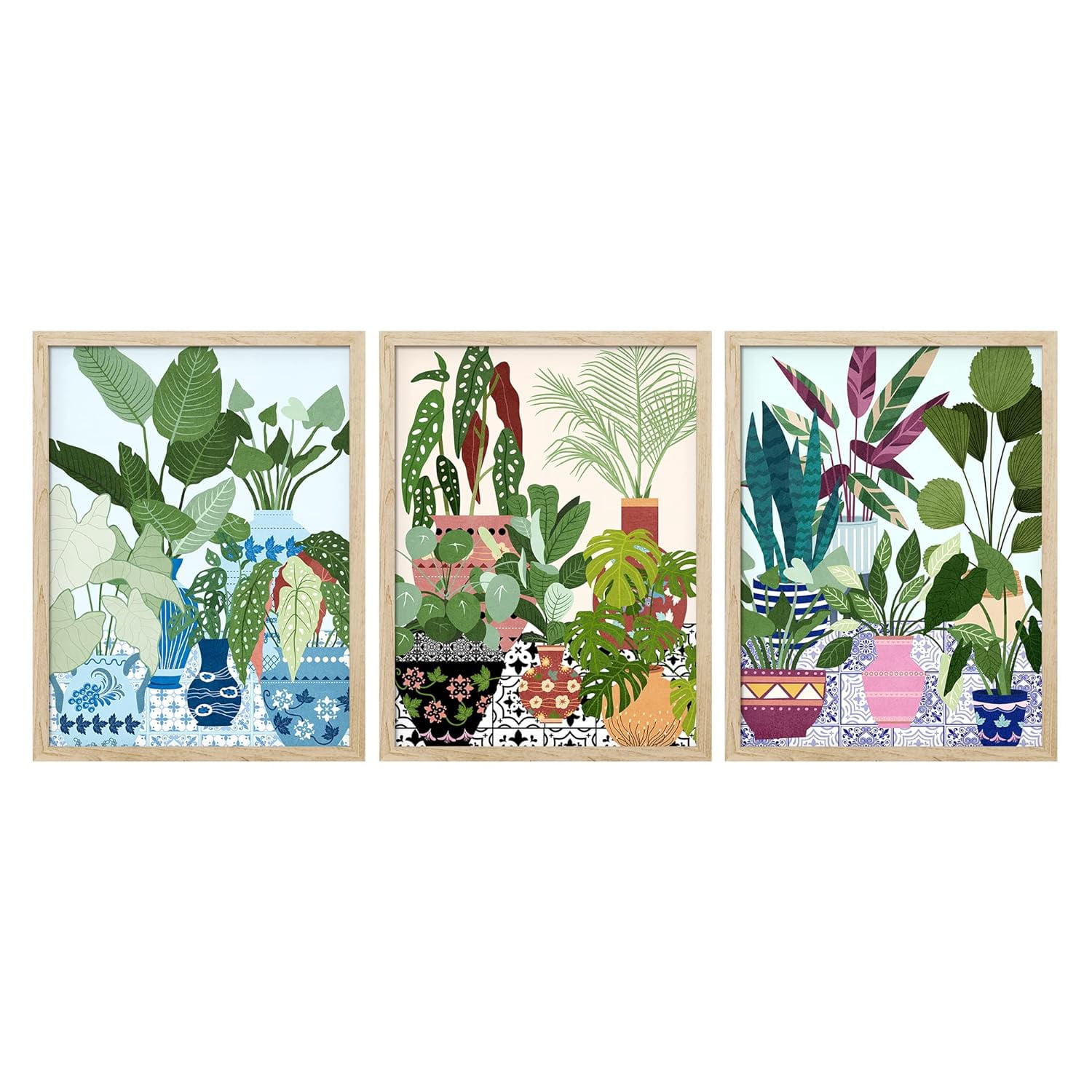 PixonSign Adhesive Canvas Print Wall Art Set - Vibrant Jungle Plant Pot ...