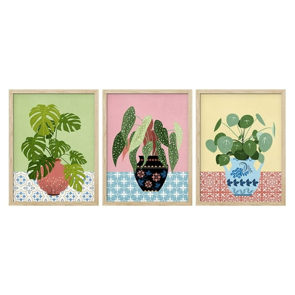 PixonSign Adhesive Canvas Print Wall Art Set - Vibrant Monstera Jungle Plant Pots Poster Art - Set of 3 Tropical Botanical Plants Prints Boho Colorful Wall Décor for Living Room - 12"x16"x3 Unframed