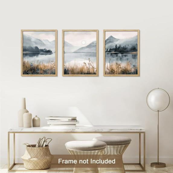PixonSign Adhesive Canvas Print Wall Art Set - Vintage Style Mountain Lake Landscape Posters - Set of 3 Pastel Colorful Country/Farmhouse Wall Décor for Bedroom, Office - 12"x16"