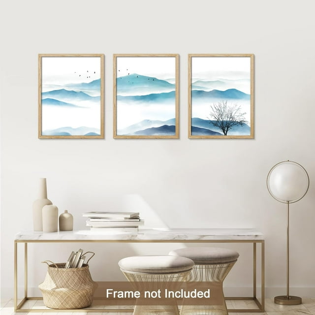 PixonSign Adhesive Canvas Print Wall Art Set Watercolor Blue Mountain