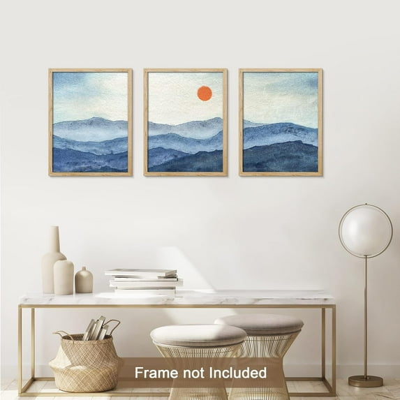 PixonSign Adhesive Canvas Print Wall Art Set - Watercolor Blue Mountain Range & Red Sun Landscape Art - Set of 3 Nature Wilderness Wall Décor for Living Room, Bedroom - 12"x16"x3 Panels Unframed