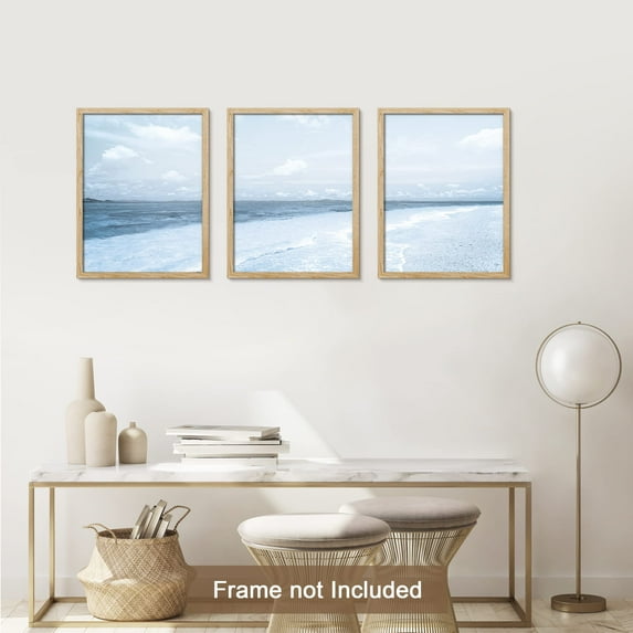 PixonSign Adhesive Canvas Print Wall Art Set - Wide Angle Blue Beach Shore Ocean Landscape Art - Set of 3 Sea Wave Horizon Photography Wall Décor for Living Room - 12"x16"