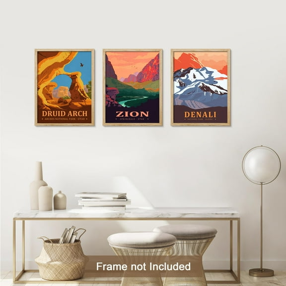 PixonSign Adhesive Canvas Print Wall Art Set - Zion and Denali United States National Park Poster Art - Set of 3 Famous Nature Landscape Prints Wall Décor for Living Room - 8"x10"