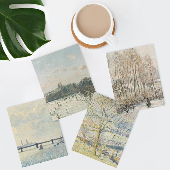 PixonSign Adhesive Posters Autumn Winter Countryside Lake Forest Wall Arts, Set of 4 Multicolor Pastel Cityscape Canvas Prints, Classic Vintage Wall Décor for Home Decor - 12"x16"