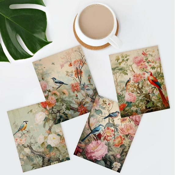 PixonSign Adhesive Posters Chinoiserie Bird and Flower Vintage Asian Inspired Floral Illustrations Wall Arts, Set of 4 Multicolor Nature Wilderness Canvas Prints for Home Decor - 11"x14"