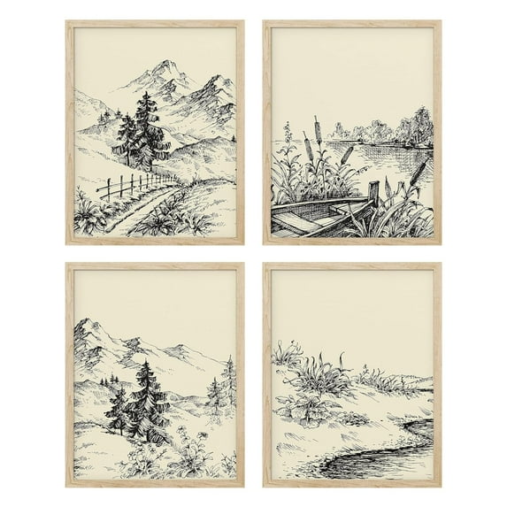 PixonSign Adhesive Posters Duotone Old-Fashioned Forest Tree Wall Arts, Set of 4 Floral Botanical Landscape Canvas Prints, Classic Vintage Nature Wall Décor for Home Decor - 8"x10"