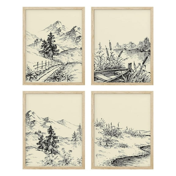 PixonSign Adhesive Posters Duotone Old-Fashioned Forest Tree Wall Arts, Set of 4 Floral Botanical Landscape Canvas Prints, Classic Vintage Nature Wall Décor for Home Decor - 8"x10"