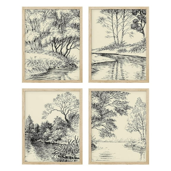 PixonSign Adhesive Posters Duotone Storybook Forest Tree Landscapes Wall Arts, Set of 4 Nature Wilderness Sketch Botanical Canvas Prints, Rustic Wall Décor for Home Decor - 11"x14"