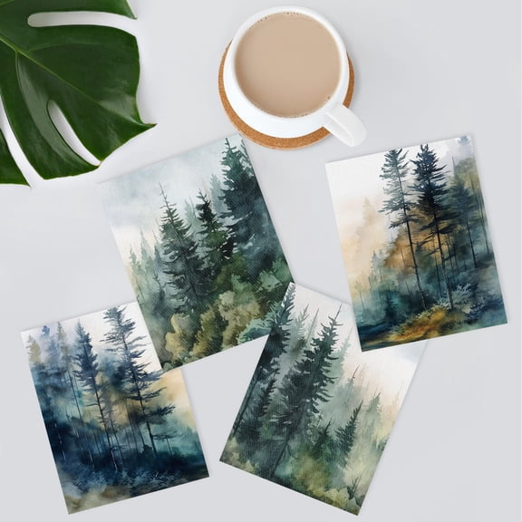 PixonSign Adhesive Posters Green & Teal Watercolor Forest Pine Trees Wall Arts, Set of 4 Nature Wilderness Photography Realism Canvas Prints, Rustic Wall Décor for Home Decor - 12"x16"
