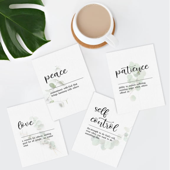 PixonSign Adhesive Posters Inspirational Virtue Quotes - Love, Peace, Patience, Self-control Illustrations Wall Arts, Set of 4 Botanical Illustrations, Canvas Prints for Home Decor - 12"x16"