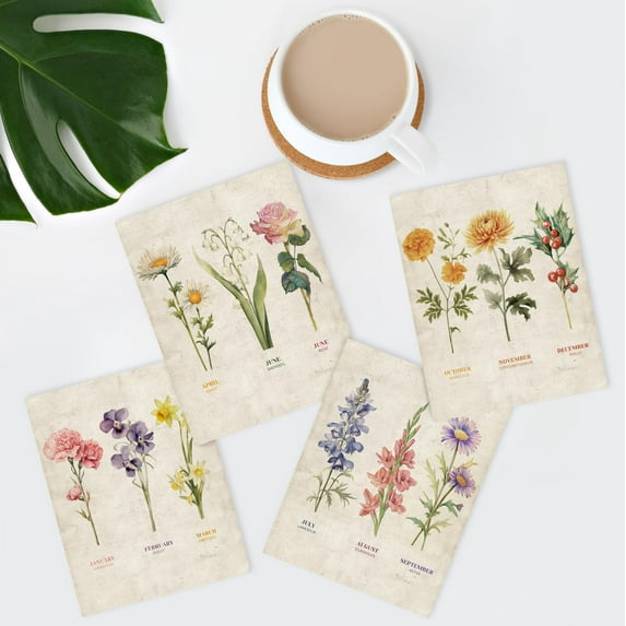 PixonSign Adhesive Posters Vintage Floral Birth Month Botanical Prints Antique Flower Illustrations Wall Arts, Set of 4 Multicolor Nature Wilderness Canvas Prints for Home Decor - 11"x14"