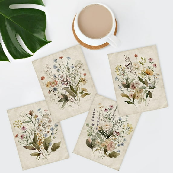 PixonSign Adhesive Posters Vintage Wildflower Bouquet Antique Botanical Illustrations Wall Arts, Set of 4 Scenic Multicolor Nature Wilderness Canvas Prints for Home Decor - 8"x10"