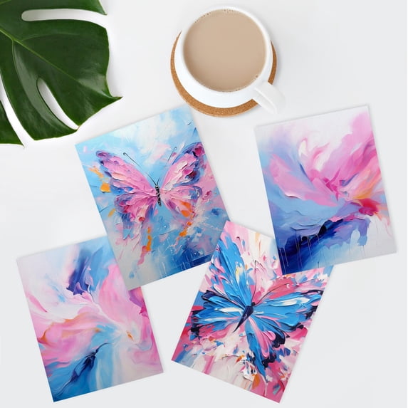 PixonSign Adhesive Wall Art Abstract Floral & Butterfly Vibrant Posters, Set of 4 Colorful Nature Digital Art, Minimalism Multicolor Scenic Canvas Prints for Home Decor - 8"x10"