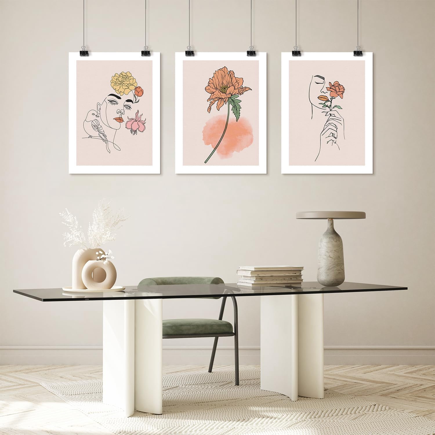 PixonSign Adhesive Wall Art Beautiful Lady with Floral Posters, Set of ...