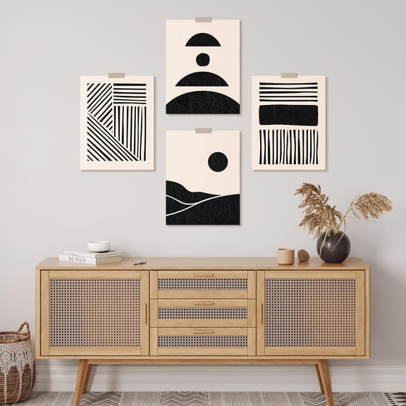 PixonSign Adhesive Wall Art Black and White Abstract Geometric Posters, Set of 4 Minimalist Line and Pattern Illustrations Wall Decor, Modern Canvas Prints for Home Decor - 8"x10"