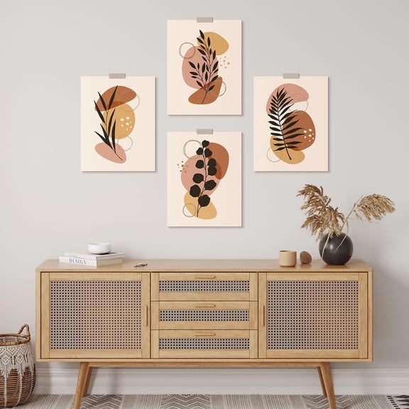 PixonSign Adhesive Wall Art Botanical and Abstract Shape Posters, Set of 4 Multicolor Modern Geometric Boho Illustrations Wall Decor, Minimal Canvas Prints for Home Decor - 11"x14"