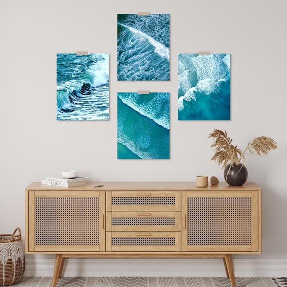PixonSign Adhesive Wall Art Captivating Sea Wave Photography Posters, Set of 4 Blue Ocean Wave Illustrations Minimalist Wall Decor, Seascape Canvas Prints for Home Decor - 11"x14"