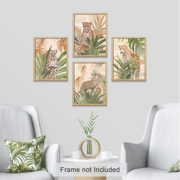 PixonSign Adhesive Wall Art Cheetah Cat Animal Safari Posters, Set of 4 Tropical Island Rainforest Monstera Leaf Palm Tree Leaf Illustrations, Adhesive Canvas Prints for Home Decor - 12"x16"
