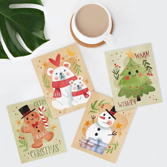 PixonSign Adhesive Wall Art Christmas Holidays Seasonal Posters, Set of 4 Cute Snowman, Christmas Tree, Polar Bear Illustrations Wall Decor, Canvas Prints for Home Decor - 11"x14"