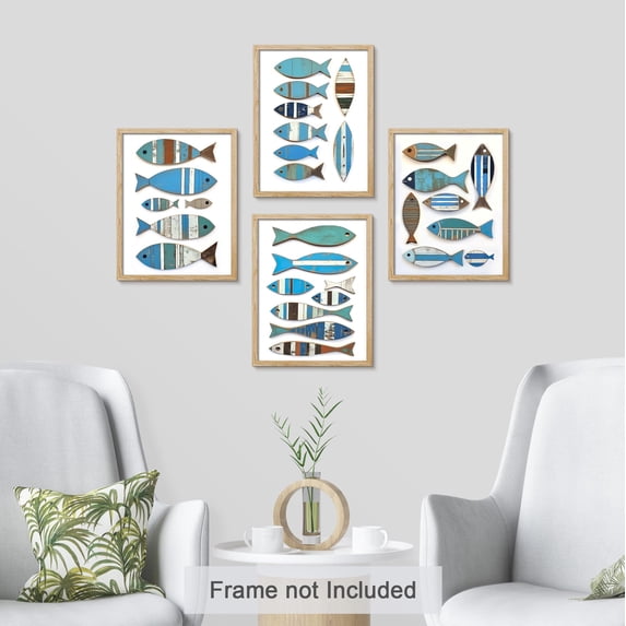 PixonSign Adhesive Wall Art Coastal Charm Wooden Fish Illustrations Posters, Set of 4 Rustic Nautical Fine Art Multicolor Boho Canvas Prints for Bedroom, Living Room, Office - 8"x10"