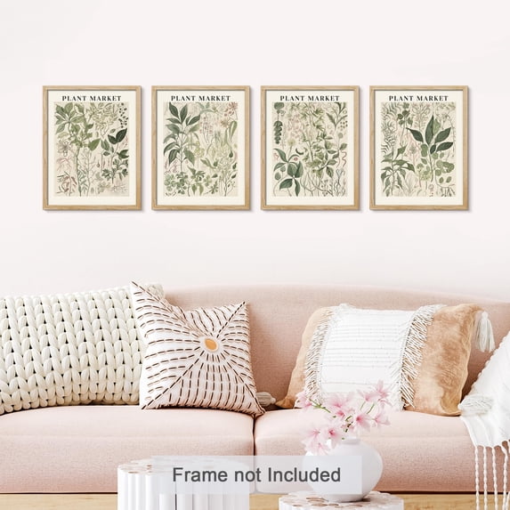 PixonSign Adhesive Wall Art Green Leaves Variety Posters, Set of 4 Nature Wilderness Renaissance Botanical Illustrations Wall Decor, Floral Canvas Prints for Home Decor - 8"x10"