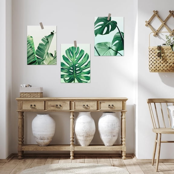PixonSign Adhesive Wall Art Green Tropical Jungle Forest Plant Posters, Set of 3 Plam Leaves Illustrations Minimalist Wall Decor, Canvas Prints for Home Decor - 8"x10"