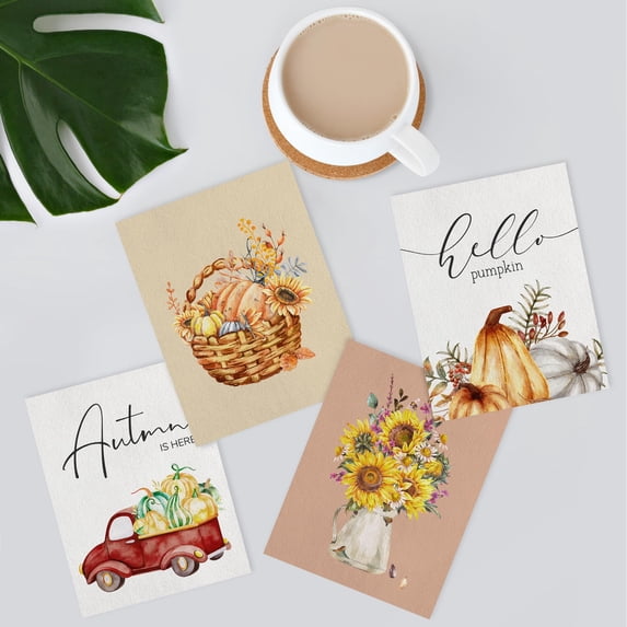 PixonSign Adhesive Wall Art Holidays Celebrations Posters, Set of 4 Autumn Pumpkin Harvest Sunflower Countryside Illustrations Wall Decor, Canvas Prints for Home Decor - 12"x16"