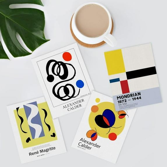 PixonSign Adhesive Wall Art Mid-Century Modern Exhibition Posters, Set of 4 Geometric Colorful Abstract Shapes Illustrations Wall Decor, Adhesive Canvas Prints for Home Decor - 11"x14"