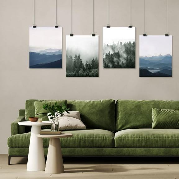 PixonSign Adhesive Wall Art Mountain and Forest Landscape Posters, Set of 4 Nautical Horizons Nature Wilderness Illustrations Wall Decor, Flowers Canvas Prints for Home Decor - 8"x10"