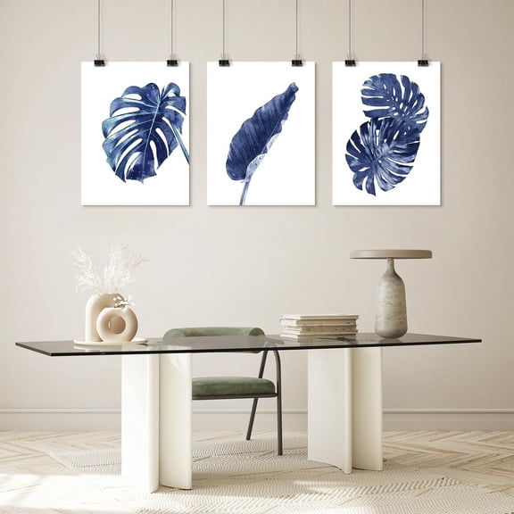 PixonSign Adhesive Wall Art Navy Blue Plam Leaves Posters, Set of 3 Nature Wilderness Tropital Botanical Illustrations Wall Decor, Flowers Canvas Prints for Home Decor - 8"x10"
