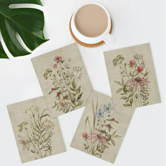 PixonSign Adhesive Wall Art Pastel Ocean Seascape Posters, Set of 4 Nautical Horizons Nature Wilderness Illustrations Wall Decor, Flowers Canvas Prints for Home Decor - 8"x10"