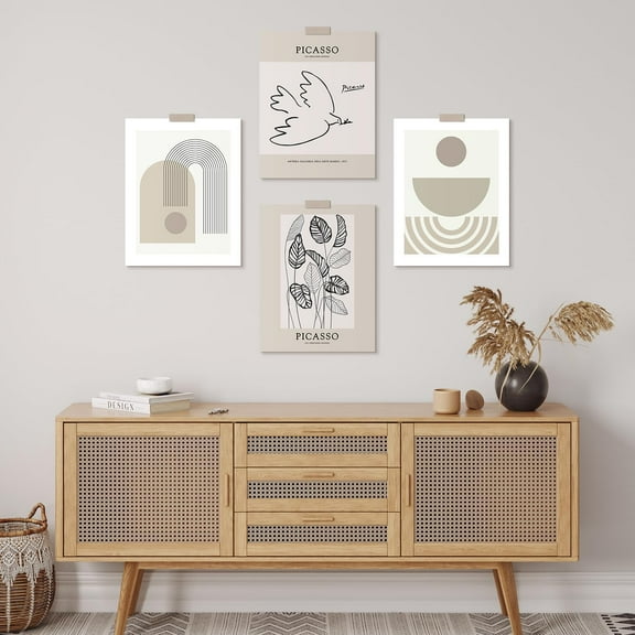 PixonSign Adhesive Wall Art Picasso Inspired Abstract Modern Posters, Set of 4 Minimalist Line and Geometric Pattern Illustrations Wall Decor, Canvas Prints for Home Decor - 8"x10"