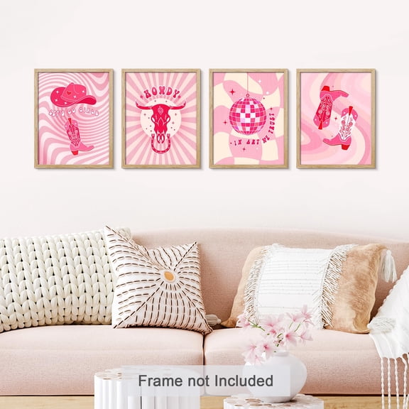 PixonSign Adhesive Wall Art Pink Cow Lamp Ball Boots Posters, Set of 4 Modern Stylish Pattern Illustrations, Preppy Room Fashion Canvas Prints Multicolor for Home Decor - 11"x14"