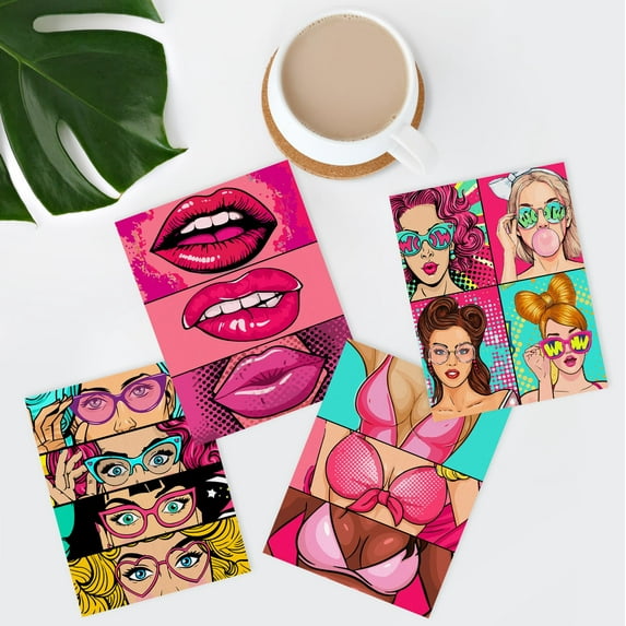 PixonSign Adhesive Wall Art Pink Lipstick Cartoon Fashion Posters, Set of 4 Girls in Bikini Girl's Bedroom Preppy Room Wall Decor, Modern Canvas Prints for Home Decor - 11"x14"