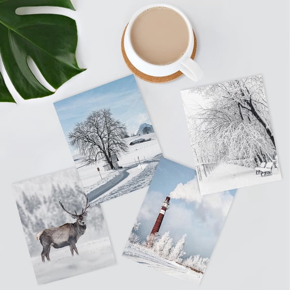 PixonSign Adhesive Wall Art Snowy Winter Frost Deer Posters, Set of 4 Forest Nature Wilderness Landscape Illustrations Wall Decor, Flowers Banquet Canvas Prints for Home Decor - 8"x10"