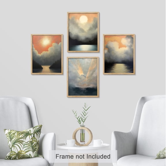 PixonSign Adhesive Wall Art Sunset Skies Atmospheric Landscapes with Clouds Posters, Set of 4 Nature Serene Abstract Modern Art Pastel Canvas Prints for Home Decor - 12"x16"