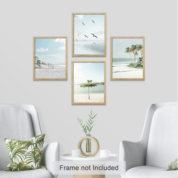 PixonSign Adhesive Wall Art Tropical Island Pastel Washed Out Palm Tree Illustrations Posters, Set of 4 Seaside Landscape Digital Art Photography Canvas Prints for Home Decor - 8"x10"