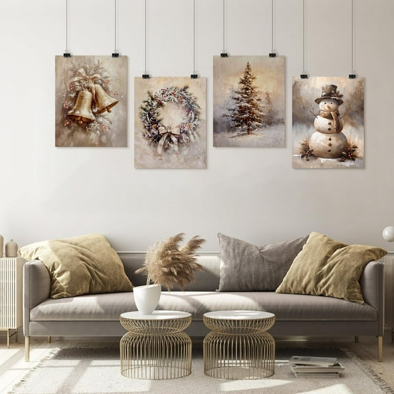 PixonSign Adhesive Wall Art Vintage Christmas Bells, Wreath, Snowman, and Tree Posters, Set of 4 Celebration & Holidays Illustrations Wall Decor, Modern Canvas Prints - 8"x10"